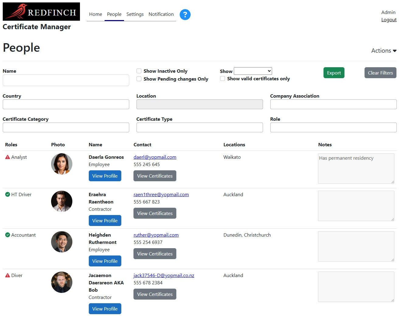 Showing the certificate manager with dummy data